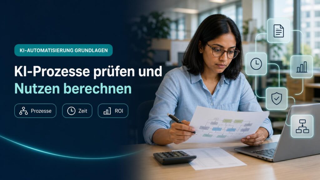 Eine Führungskraft prüft im Büro einen Arbeitsablauf und eine Wirtschaftlichkeitsrechnung am Laptop.